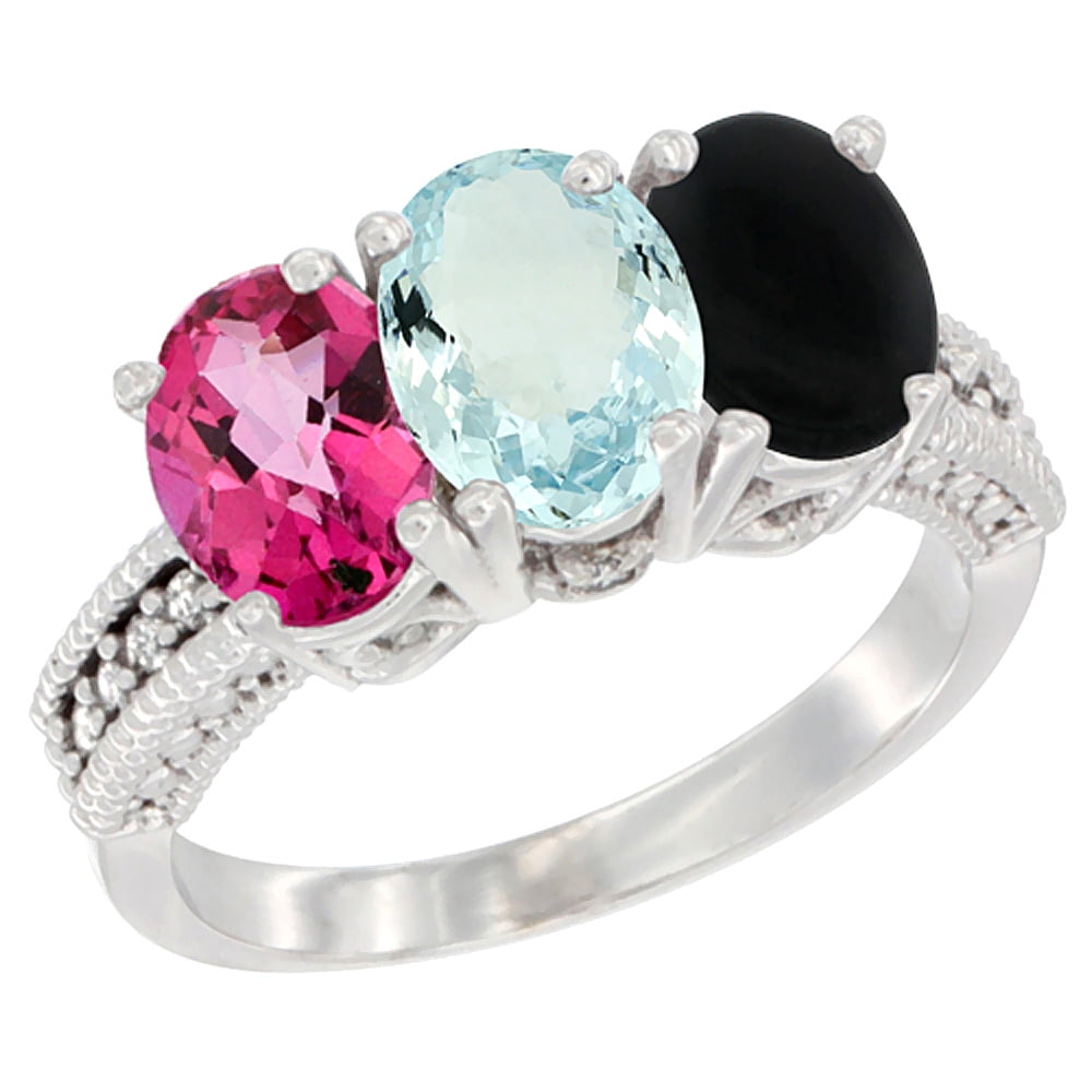 14K White Gold Natural Pink Topaz, Aquamarine & Black Onyx Ring 3-Stone 7x5 mm Oval Diamond Accent, sizes 5 10 by WorldJewels