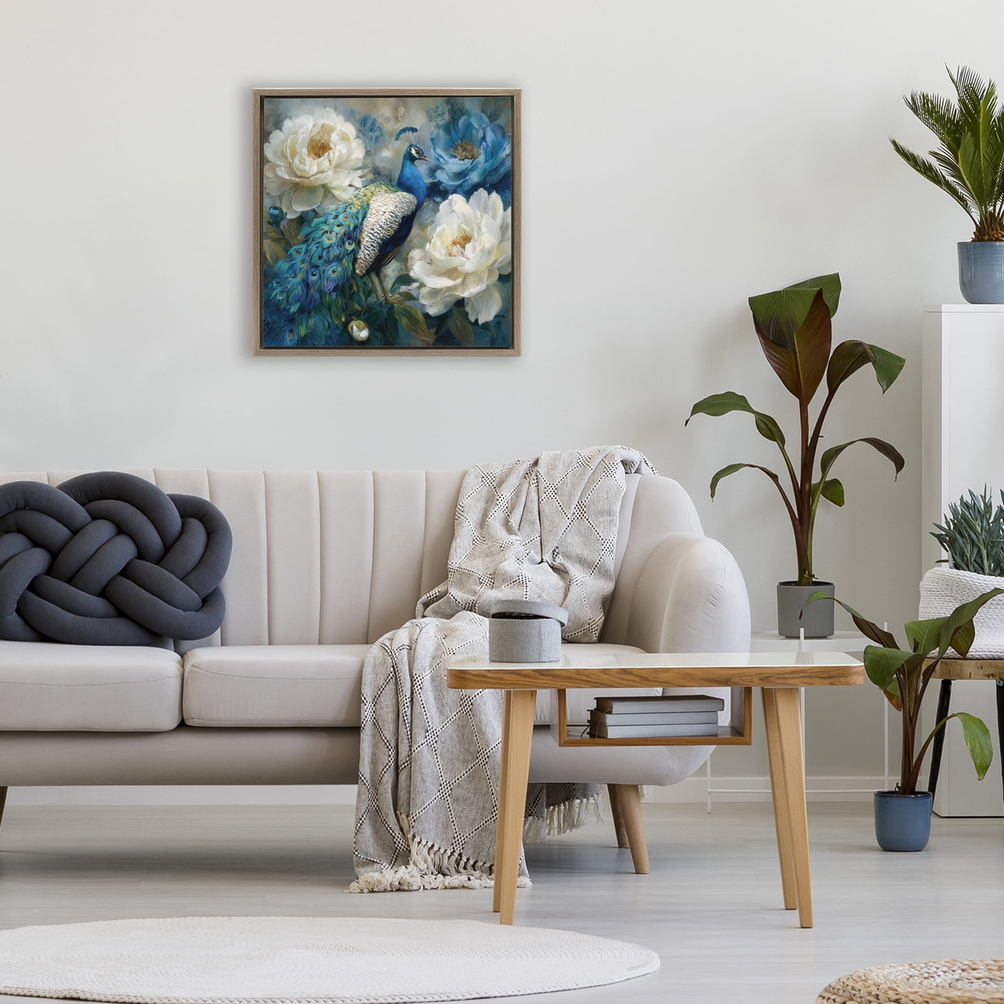 Stupell Industries Pretty Peony Peacock Brown Framed Floater Canvas Wall Art, design by Tina LeCour