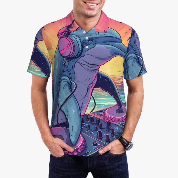 Fotbe Hip-Hop DJ Dolphin Camiseta Polo de Golf para Hombre con Estampado – Camisa Deportiva Transpirable con Cuello Abotonado-Large