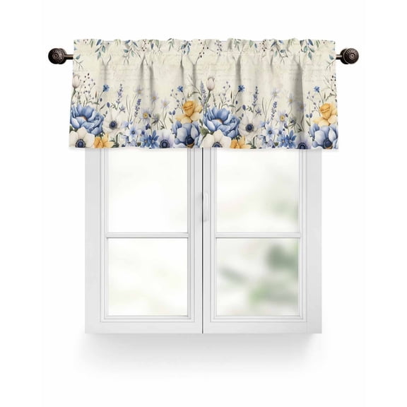 Retro Blue Flowers Floral Kitchen Valances for Windows Eucalyptus Leaf Valance Curtains for Kitchen /Living Room/Bedroom/ Bathroom Decor, 42"x12 " ,Rod Pocket 1 Panel, Beige