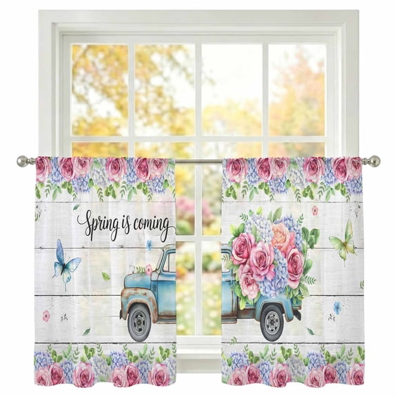 Spring Is Coming Sheer Curtains 45 inches Long, Rose and Hydrangea Floral Truck Wood Grain Light Filtering Sheer Window Curtains Rod Pocket Voile Drapes for Bedroom Living Room, 2 Panels