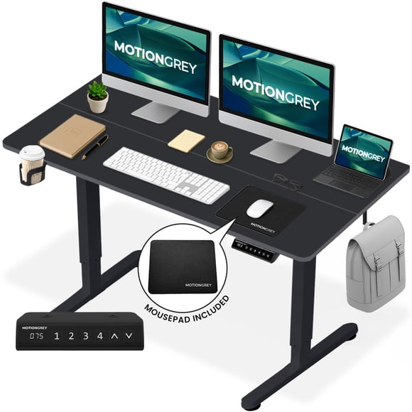 MotionGrey Ergo2 - Adjustable Electric Standing Desk, 4 Memory Settings, 47”x 24” Black Top Black Frame, Ergonomic Home Office Desk w/ Mousepad, Cup Holder & Hooks