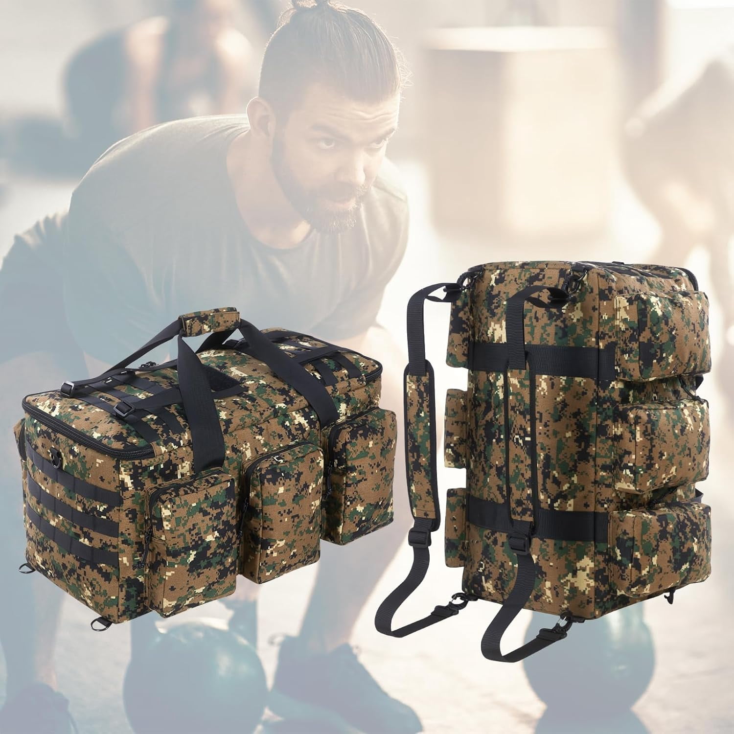 LuckySunDecorQZ 55L luggage bag with compartments and straps, suitable for men, large-sized sports and fitness luggage bag, suitable for weekend travel and camping (Camo Tan)