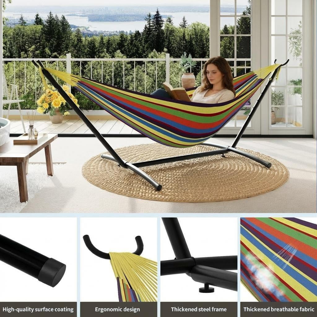 JoanKaren Double Hammock with Portable Space Saving Heavy-Duty Steel Stand,2 Person Outdoor 450lb Capacity Standing Hammocks,Indoor/Outdoor,Yellow Rainbow Stripes