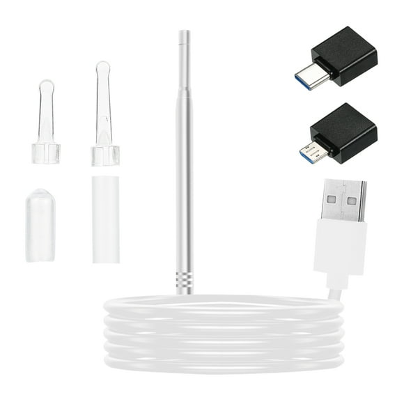 Graflsoa Lunette d'Oreille Intelligente 3-en-1 avec Lumière LED, Compatible USB/Type-C pour Android/PC, Objectif 5,5 mm pour l'Inspection des Oreilles, du Nez et de la Peau, Options Argent/noir, Angle de Vision de 70°, Câble de 1 m, Lentille Étanche