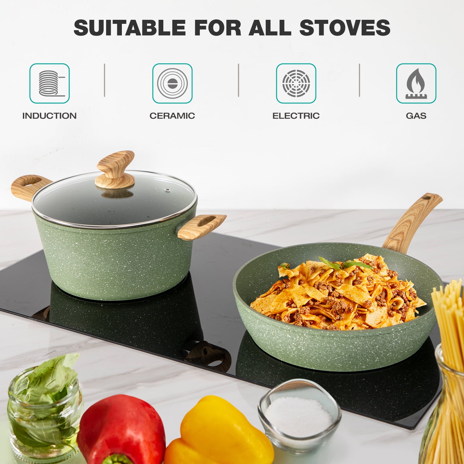 MF Studio 12 Pieces Cookware Set Granite Nonstick Pots and Pans Set Induction Compatible, Green