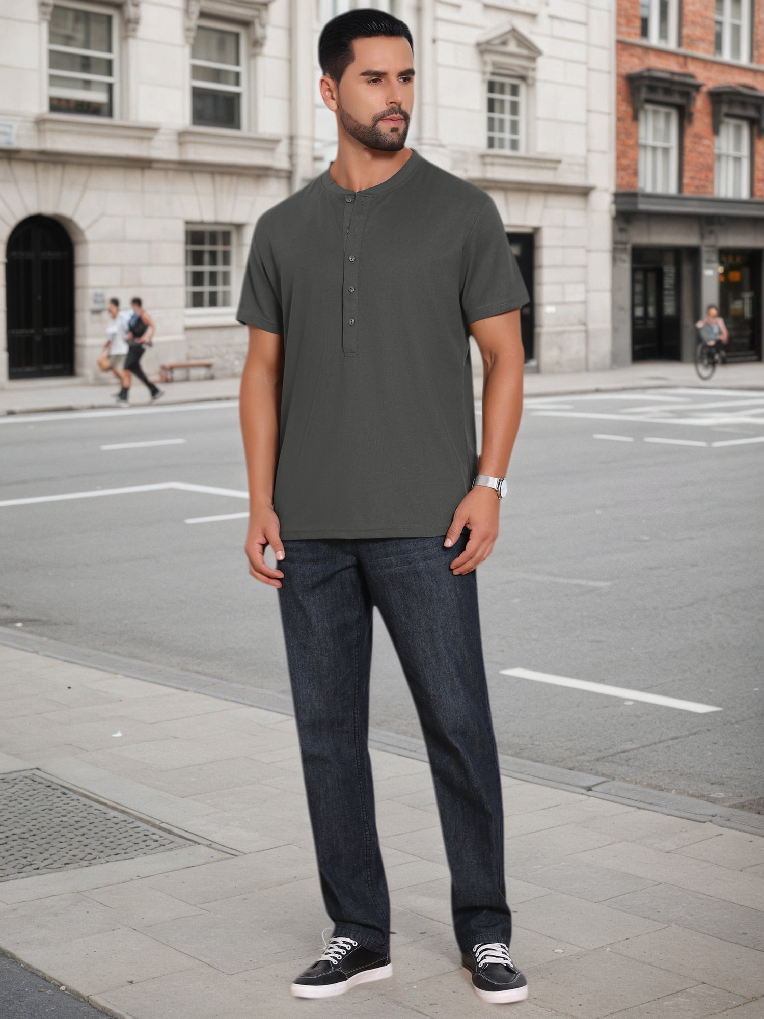 DARING DIVA Men's Henley Breathable Short Sleeve Button Down T-Shirt S Dark Gray