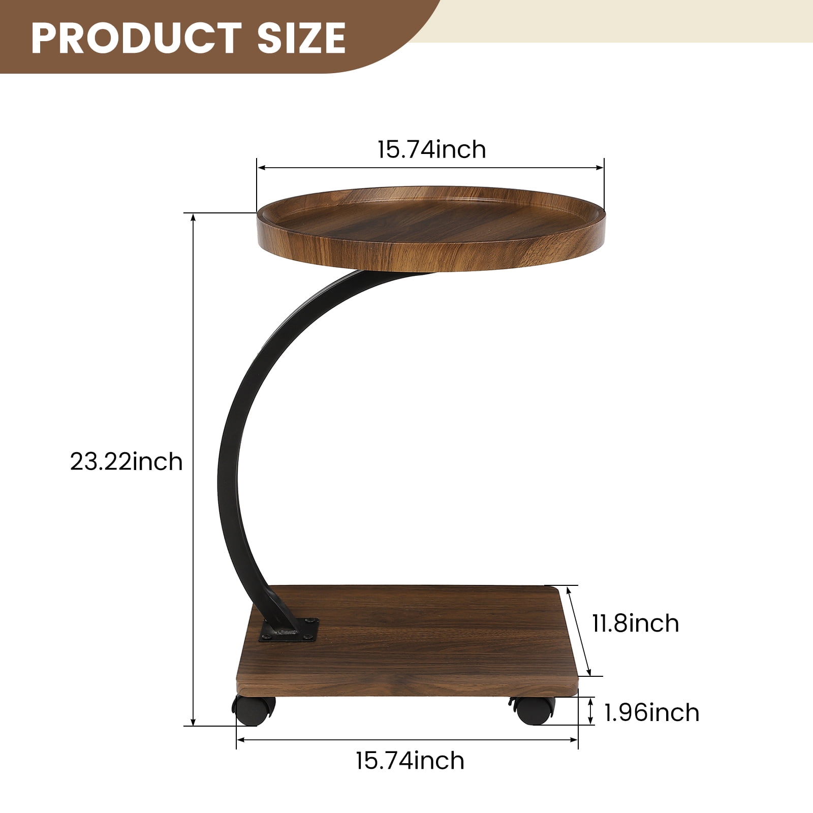 C Shaped Side End Table - with Rolling Wheels, Walnut Finish Movable Round Tea Table for Couch, Bed, Sofa Side