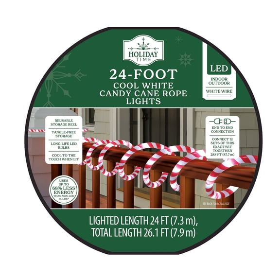 Indoor/Outdoor LED Christmas Candy Cane Rope Lights, Cool White, White Wire, 24', by Holiday Time