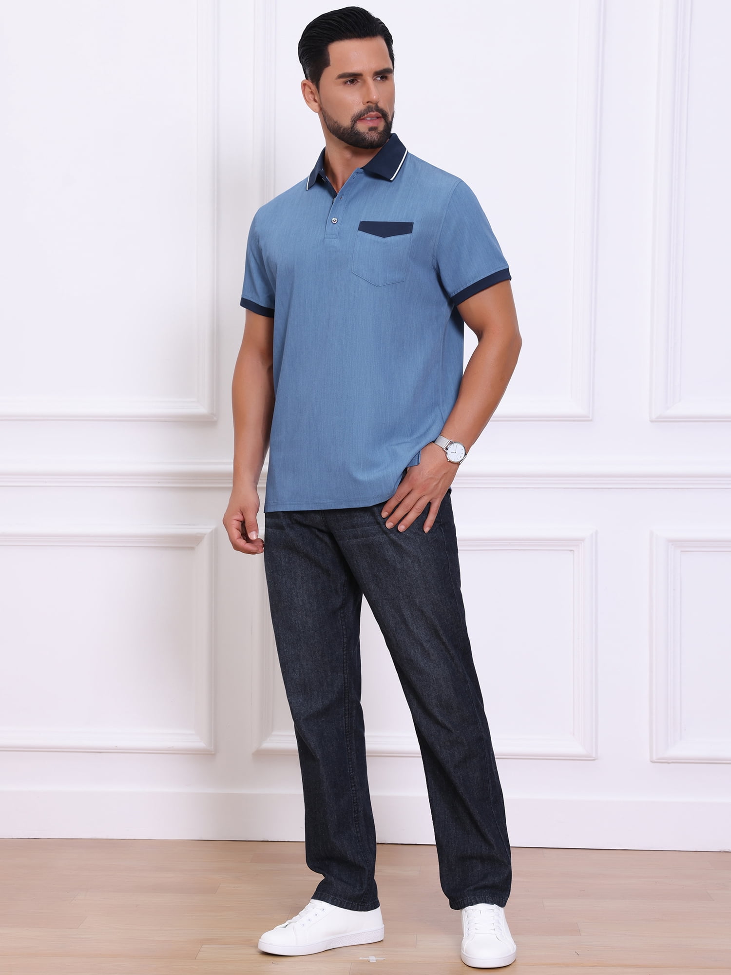 DARING DIVA Men's Short Sleeve Western Retro Stretch Color-Block Polo Shirts S Blue