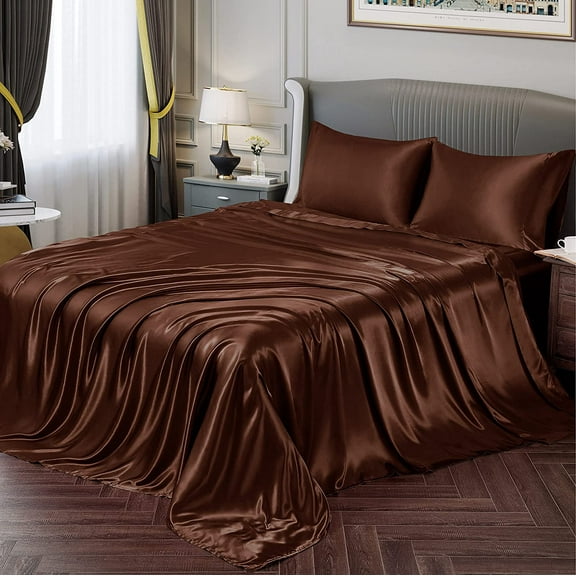 Vogue Linen 100% Mulberry Silk Sheet Set - 22 Momme Grade 6A, 18-24 Inch Deep Pocket, Luxurious Bed Sheets for Ultimate Comfort Oeko-Tex Certified(Full , Brown)