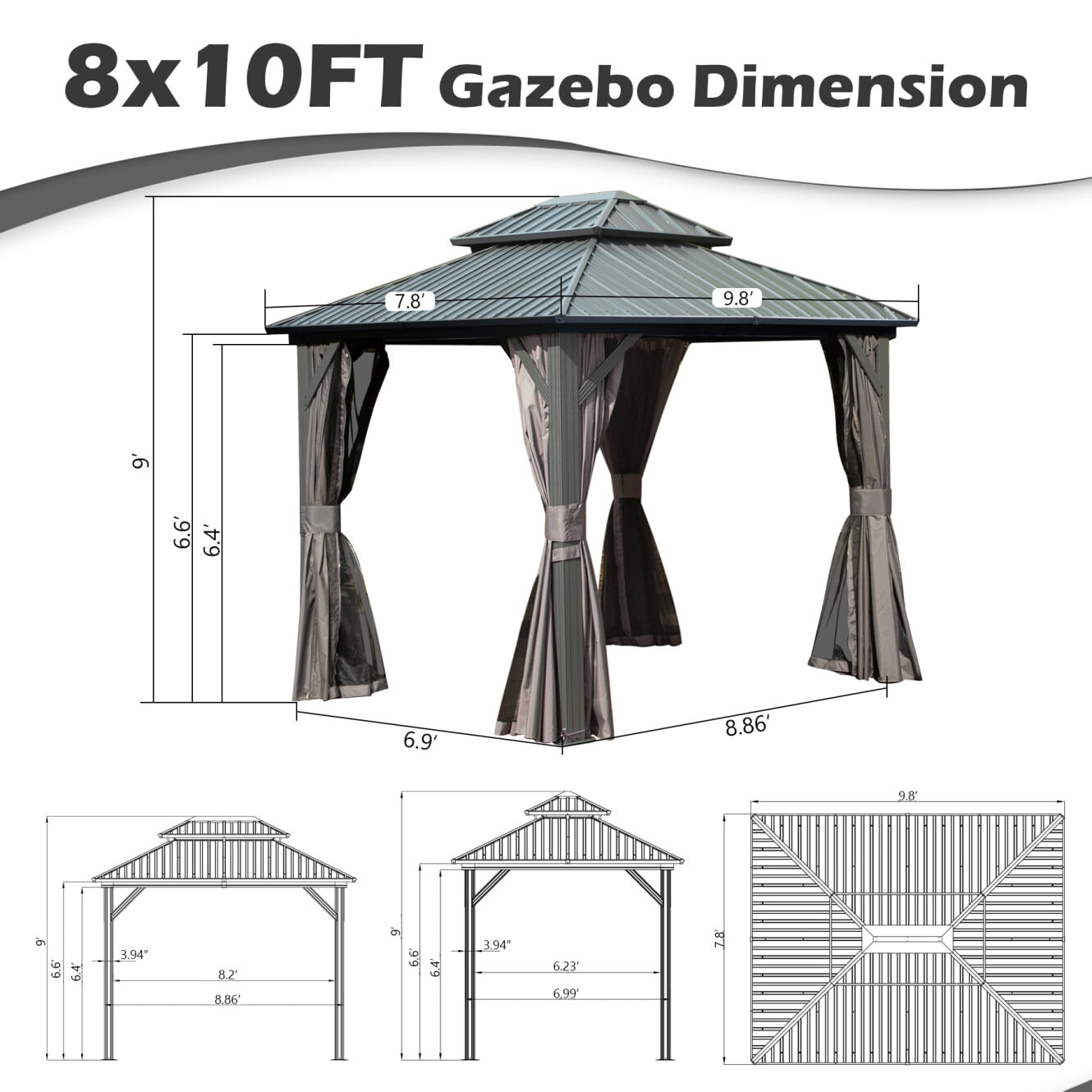 8'x10' Hardtop Gazebo,Aluminum Metal Outdoor Gazebo with Galvanized Steel Double Roof,Breathable Netting and Curtains,for Party,Dining,Wedding,Patio,Garden,Grey