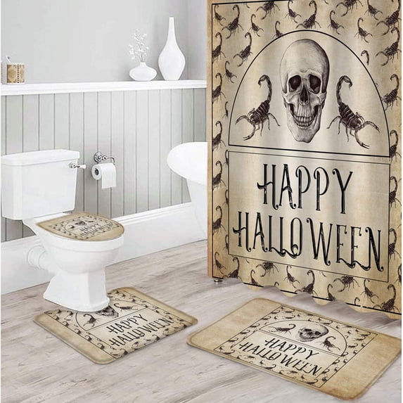 FMSHPON Happy Halloween 4 Piece Bathroom Set Shower Curtain Bath Rug Contour Mat and Toilet Lid Cover