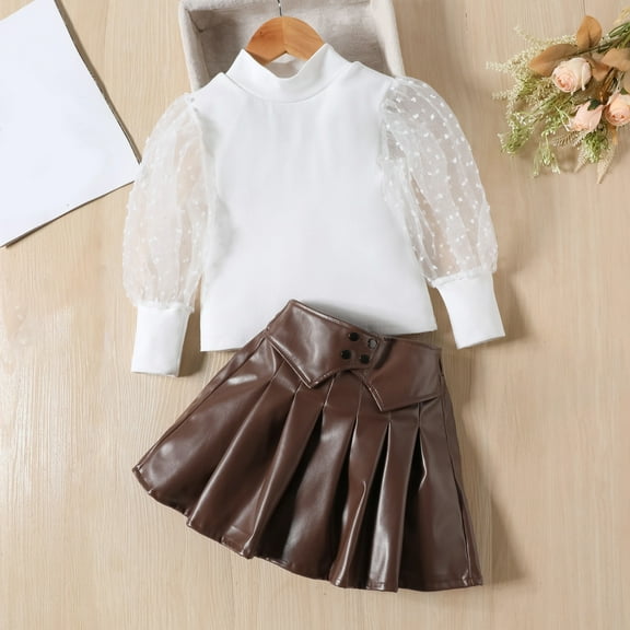 jsaierl Toddler Baby Girl Mesh Sheer Long Sleeves Blouse Top A-Line Leather Pleated Skirt Mini Dress Outfits 1T-5T