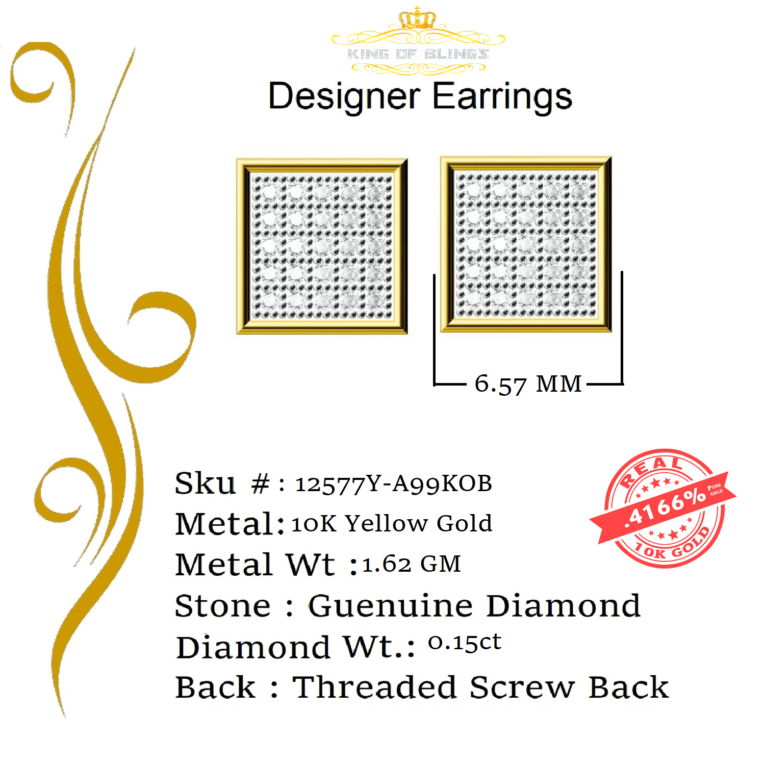 King of Bling's Real 10k Yellow Gold Square Stud Men/ Women Earrings with 0.15CT Real Diamonds