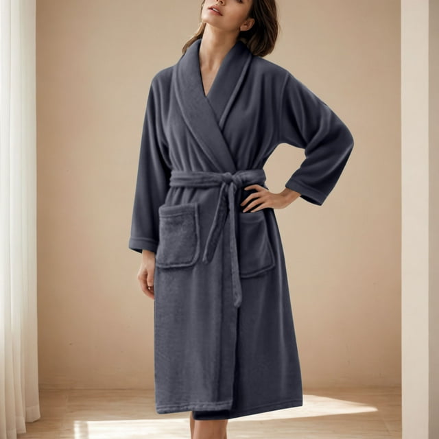 Soki Premium Womens Plush Soft Robe Fluffy, Warm, Fleece Sherpa Shaggy Bathrobe Navy 2XL