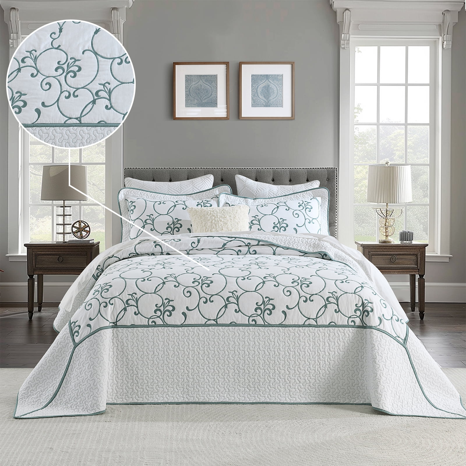 DDUOXIN 100% Cotton King Size Bedspread - Oversized Farmhouse Floral Embroidery Vine Comforter Set, Lightweight Extra Wide Summer Vintage Coverlet, 128 X 120 Blue and White Bedding Sets, 3 Piece