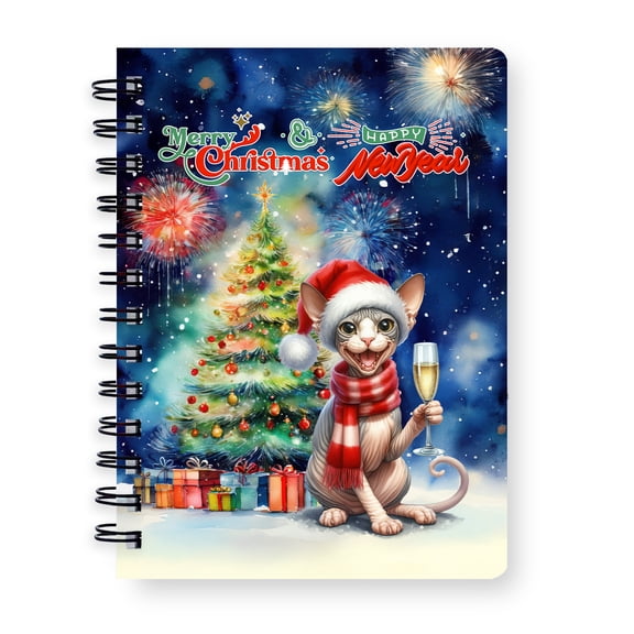 Merry Christmas and Happy New Year Santa Sphynx Holiday Xmas Winter Spiral Bound Journal Cat Lover Kitten Owner Gifts Idea 5x7in Spiral Notebook - 00024