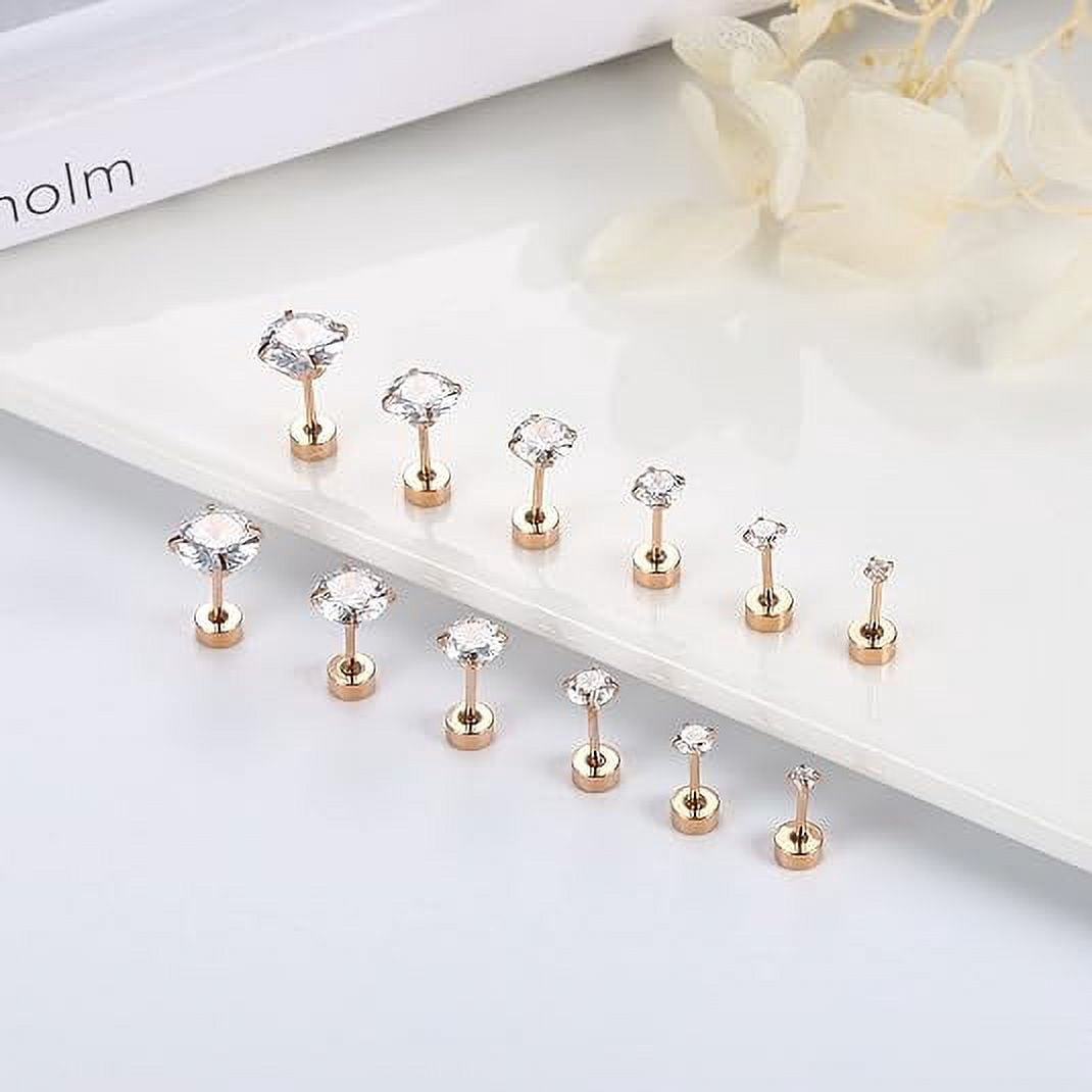 Knubmt 12 Pairs 316L Stainless Steel Earring Set 14K Gold Plated Hoop Earrings Flat Back Stud Earrings for Women Men, Rose Gold
