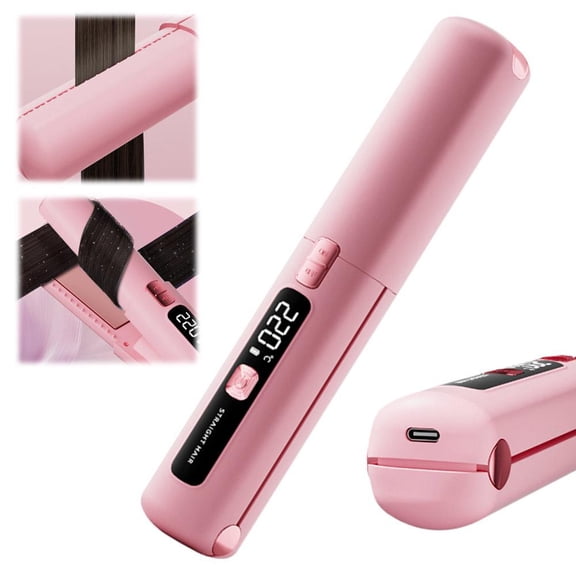 2-in-1 Cordless Hair Straightener and Curler, Rechargeable LCD Flat Iron, Ceramic Styling Wand for Travel, Pink