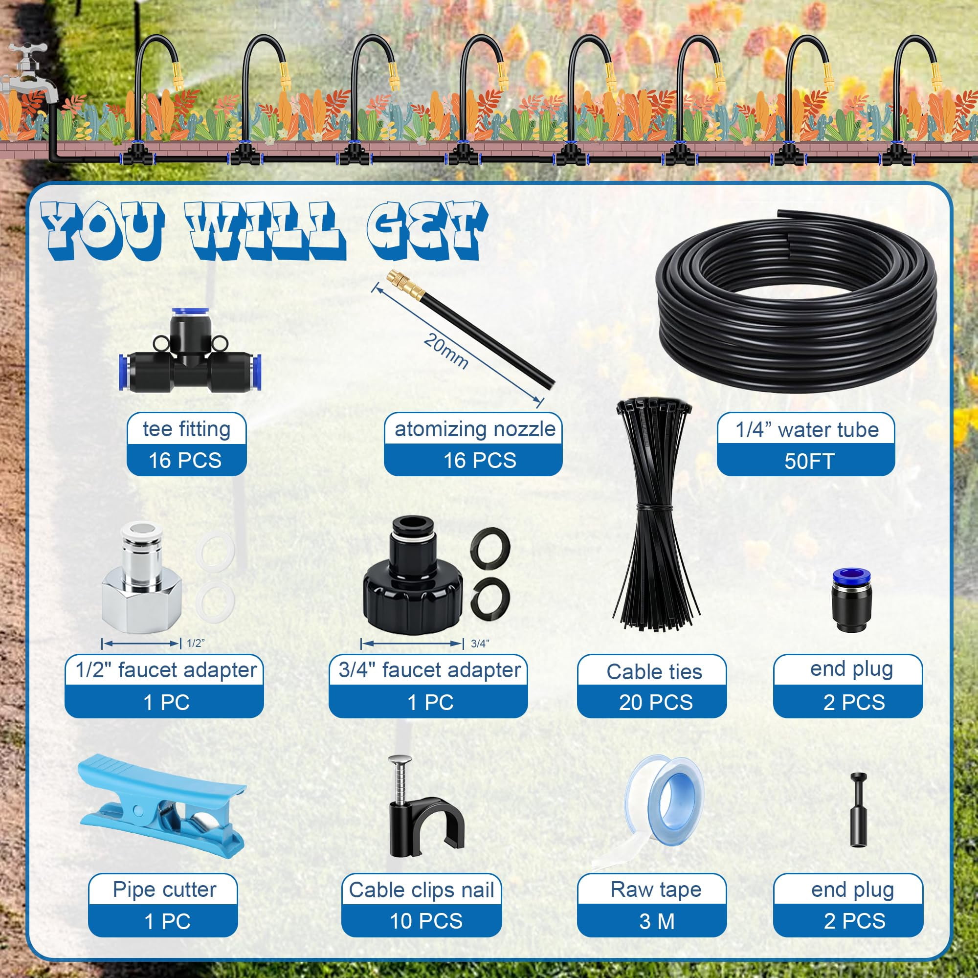 Drip Irrigation System-50ft 1/4" Garden Watering System With 16pcs Copper Nozzles  360° Curved Automatic For Garden/lawn/greenhouse/raised Beds/outdoor Plants