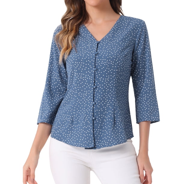 Blusa de mujer Inspire Chic con cuello en V, mangas 3/4, estampado de lunares y corazones, parte delantera con botones, azul denim M