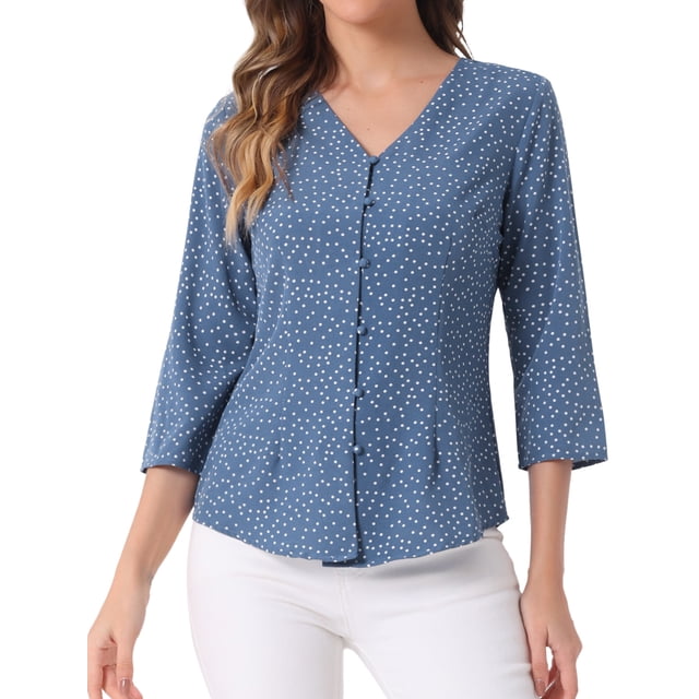 Blusa de mujer Inspire Chic con cuello en V, mangas 3/4, estampado de lunares y corazones, parte delantera con botones, azul denim M