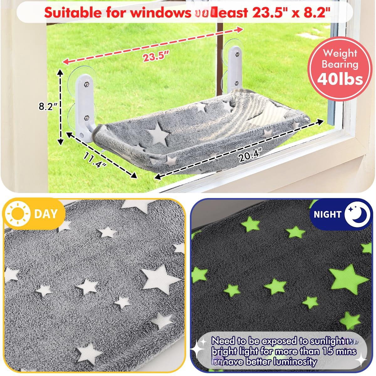 2pc Cat Window Perch  Glow In The Dark Cordless Foldable Pet Hammock Bed For With Sturdy Metal Frame Glowing Stars Pattern Resting Seat Indoor Cats (2pc - M)