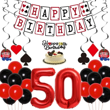 Casino 50th Birthday CORNET Party Decorations, Number 50 Balloon, Happy Birthday Banner and Cake Topper, Hanging Swirls for Adults Casino Night, Poker Theme Party Supplies