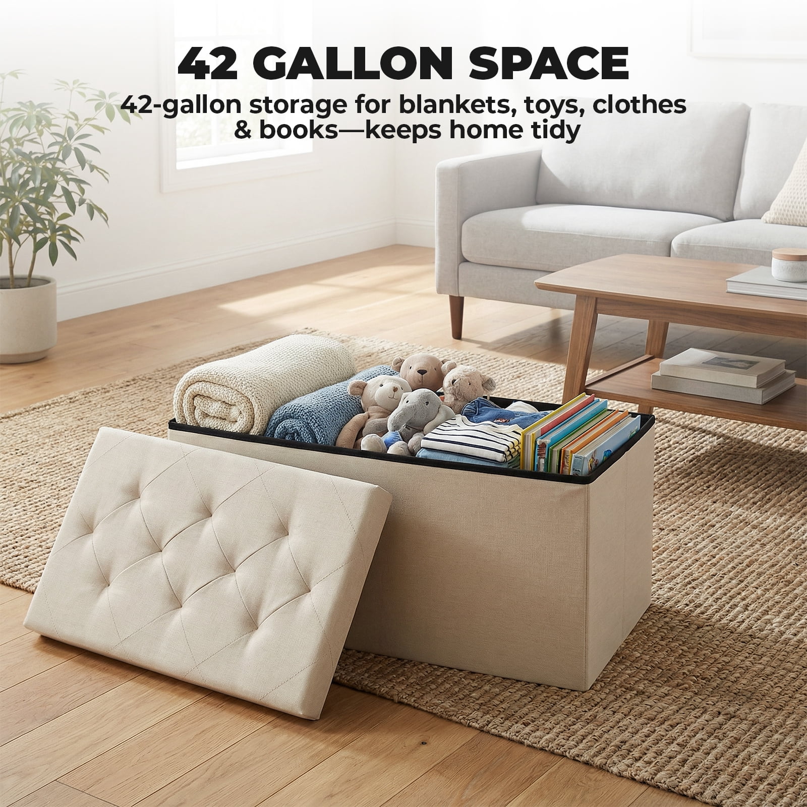Alvantor Foldable Storage Ottoman Bench, 42 Gallon Large Capacity, 660lbs Weight Capacity, 1" Thick Foam Seat
