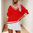 thumbnail image 2 of BODOAO Sweaters for Women Oversized V Neck Varsity Stripe Knit Pullover with Long Sleeves Preppy Casual Top for Fall Winter College Style and Weekend Outfits Red S, 2 of 4