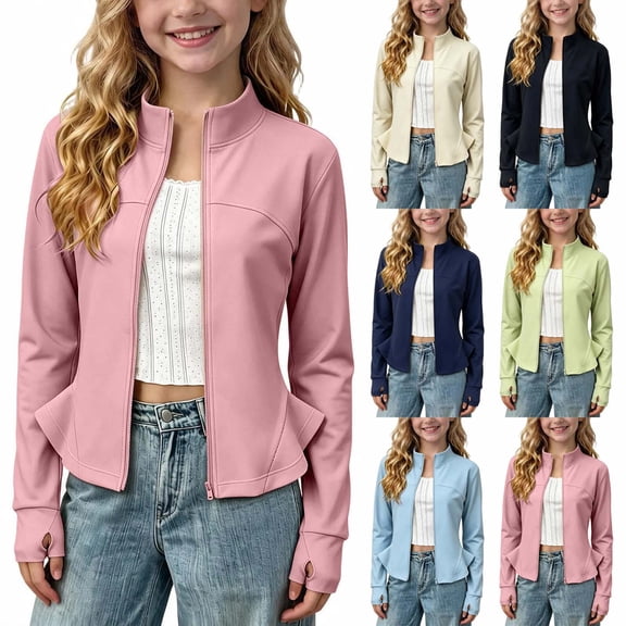 Girls Zip Up Athletic Jacket Lightweight Stand Collar Workout Outerwear With Thumbhole Cuffs for Gym Yoga Sports Daily Occasions