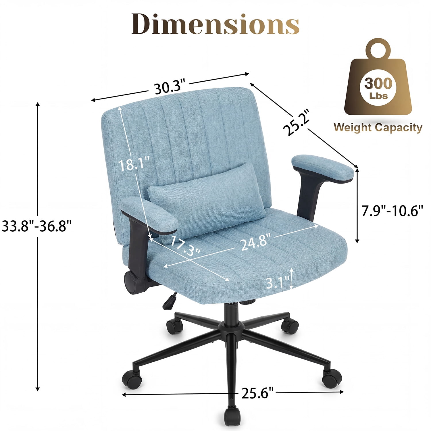 IPKIG Ergonomic Office Chair with Wheels and Flip-Up Arms, Wide Seat Swivel Desk Chair for Home Office, Computer, Vanity in Linen Blue