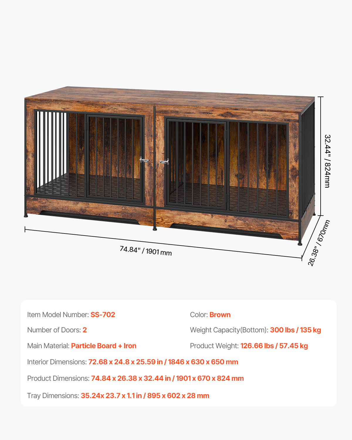 VEVOR 75" Dog Crate Furniture for 2 Dogs, Extra Large Double Dog Crate Furniture Large Breed with Divider & Double Doors, Large Wooden Dog Crate Furniture TV Stand for Medium Large Dogs Brown