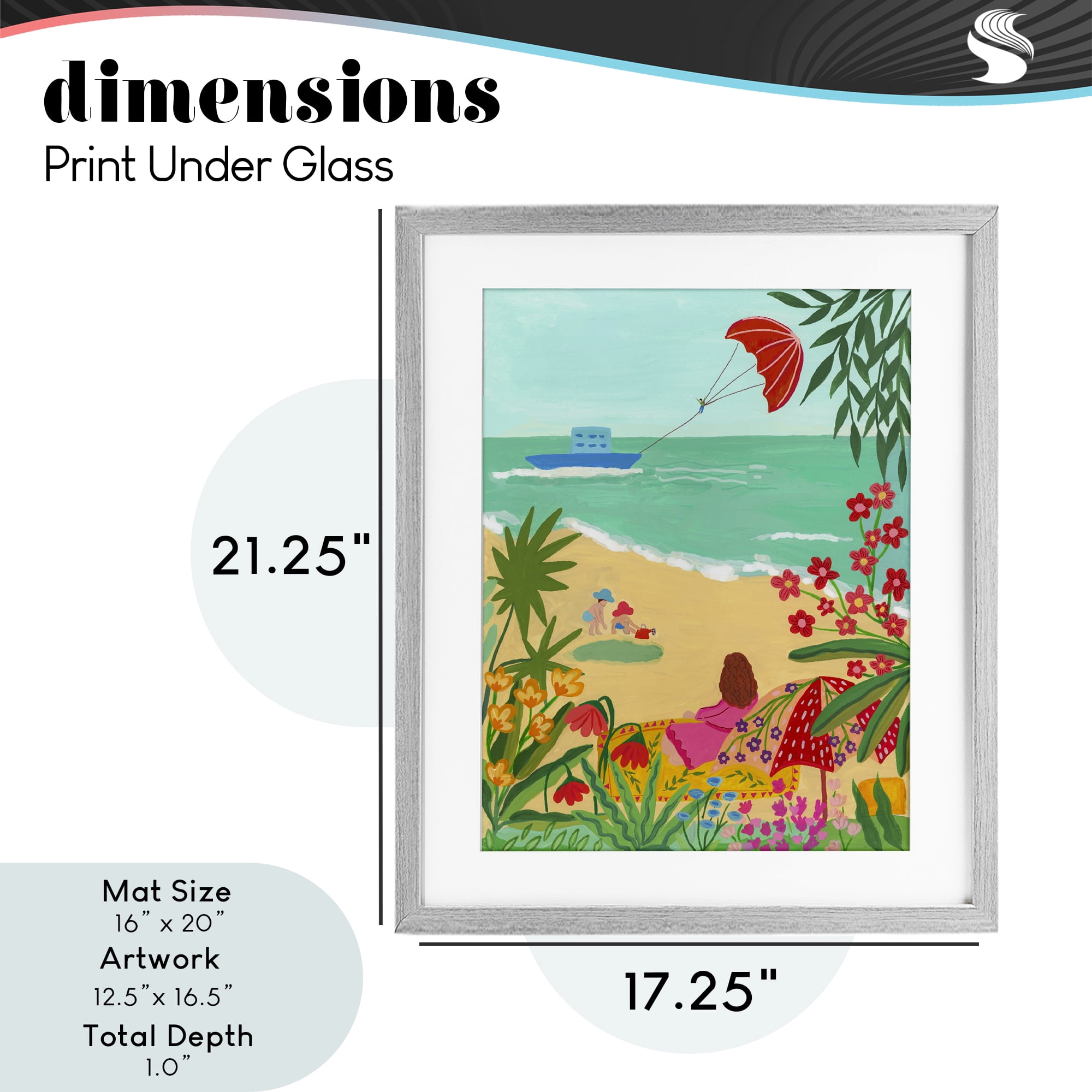 Beach And Flowers View Gray Framed Print Under Glass, design by Nabeela Rumi