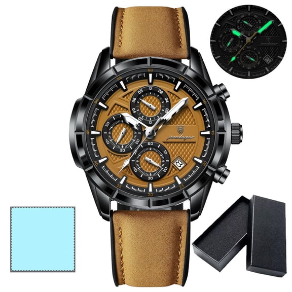 POEDAGAR Men's Casual Leather Quartz Watch Chronograph Luminous Wristwatch With Date Feature