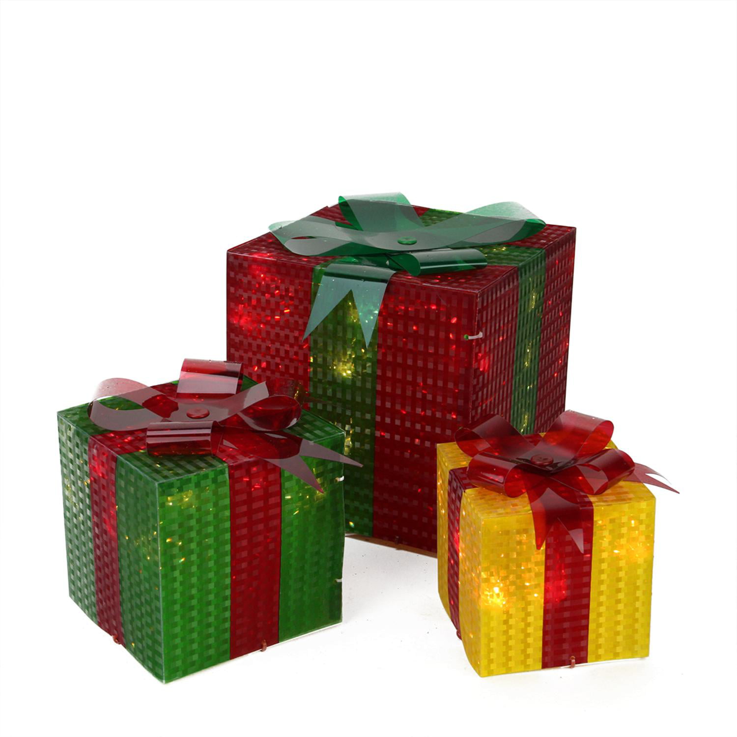 3Piece Glistening Prismatic Gift Box Lighted Christmas Yard Art