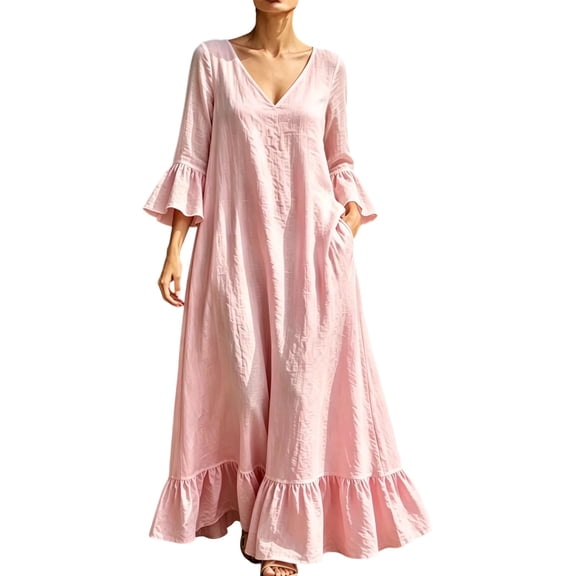 Ygbgbb Women's V‑Neck Ruffled Seven‑Flare‑Sleeve Maxi Dress, Loose Silhouette with Side Pockets Flowy Dress for Beach Vacation and Summer Getaways Pink M