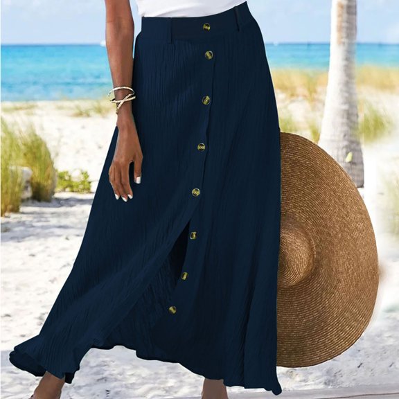 Homenesgenics Skirt for Women Plus Size Women Summer Fashion Solid Skirt Mid Waist Long Dress Bohemian A-Line Button Skirts Blue XXL