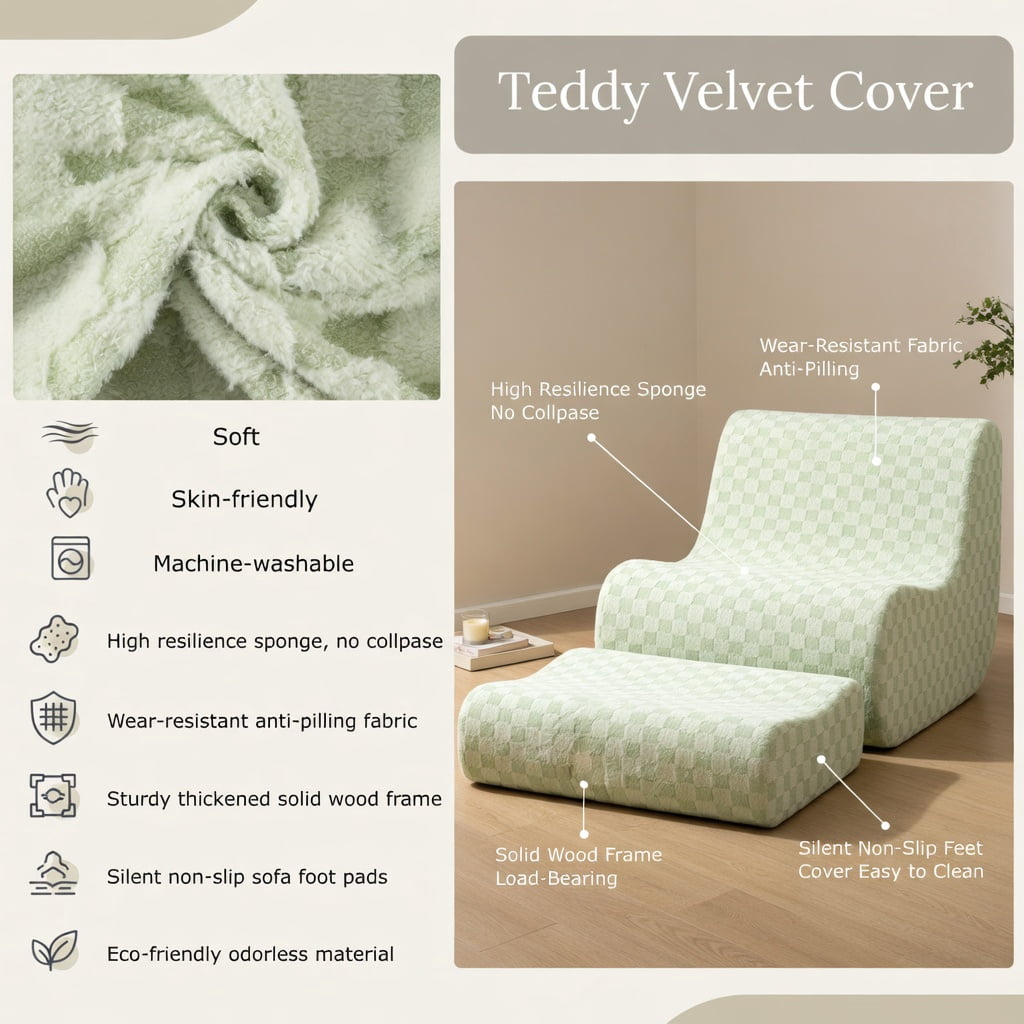 Hommoo Teddy Velvet Bean Bag Chair Set with Ottoman, High-Rebound Foam, Machine-Washable Cover, Non-Slip Base, No Assembly Needed, Green
