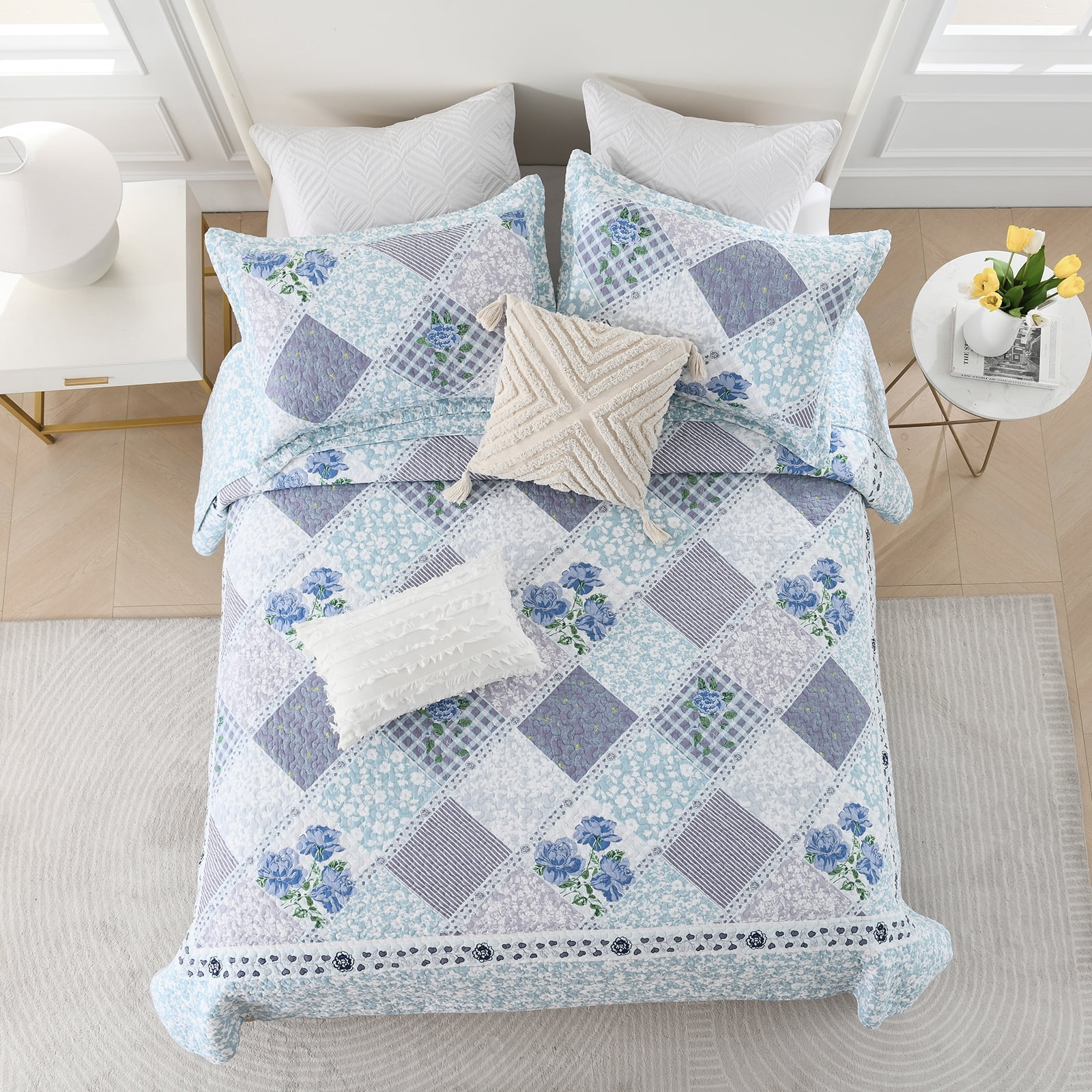 DUOHONG Floral Bedspreads King Size 120"W x 120"L - 100% Cotton Reversible Oversized King Quilt with 2 Pillow Shams, Farmhouse King Bedspread Lightweight Bedding Set, Blue/Light Blue, King