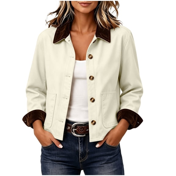 Perfectbot Women's Short Barn Jacket, Button Down Corduroy Collar Rolled Cuff Coat with Pockets