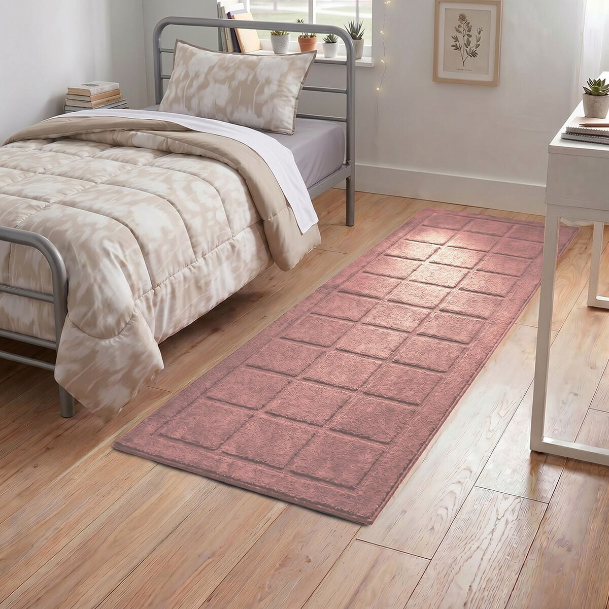 Mainstays Solid High Low Tufted Grid Mauve Pink Indoor Runner Rug, 2' x 6'