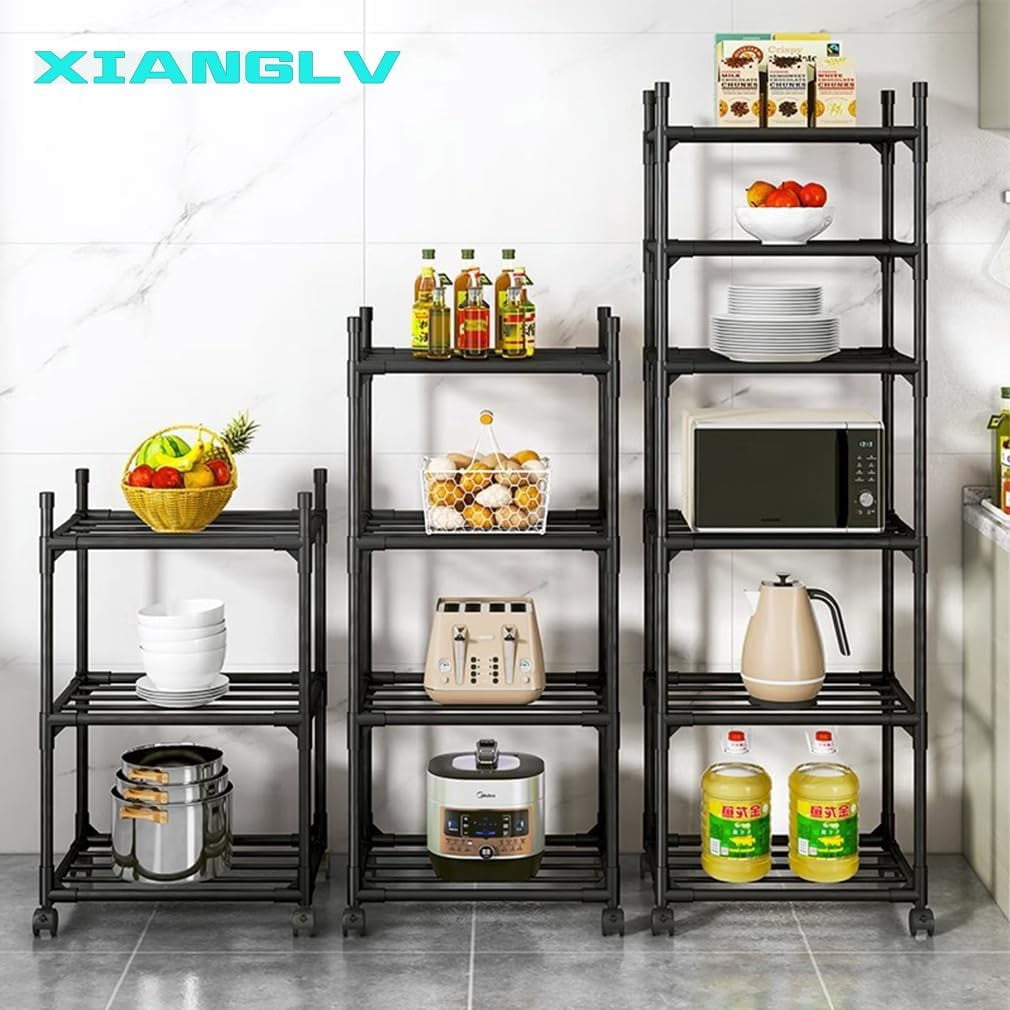 Black Shelving Unit, 42x 32 x 165 cm, 6 Tier Tall Narrow Shelving Unit with Wheels and Anti-Slip Feet, Adjustable Shelving (Black)