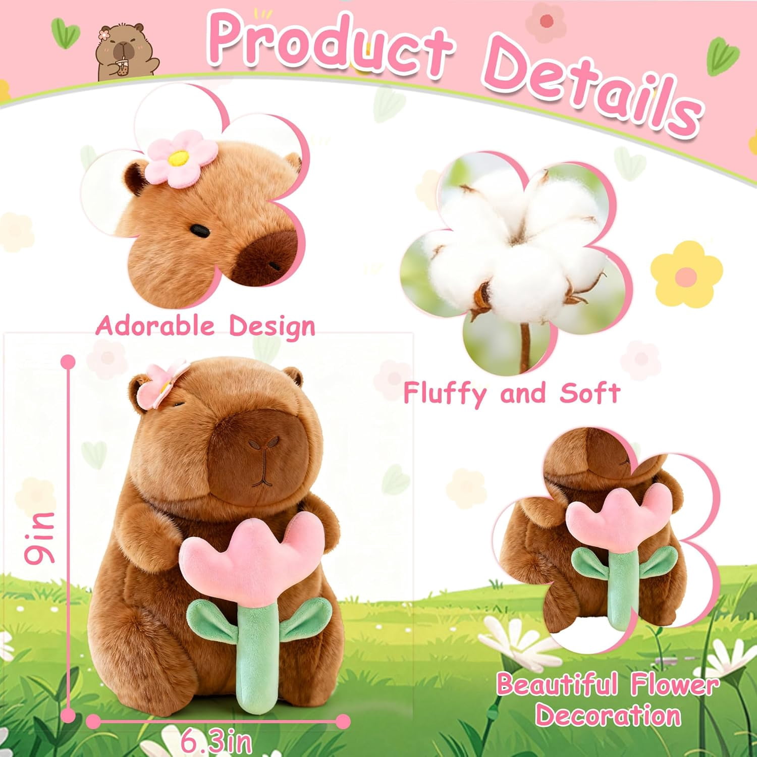 Flower Capybara Plush, Cute Capibara Plushies Toy, Kawaii Soft Stuffed Animals Capybara,Stuffed Cute Pillow Toys Gifts for Birthday Party Favors Girls for Girls Kids Adults (9in)
