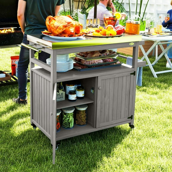 Outsunny Outdoor Grill Cart w/ Wheels and Storage Cabinets, Solid Wood Outdoor Kitchen Island w/ Stainless Steel Top, Integrated Hole, Gray