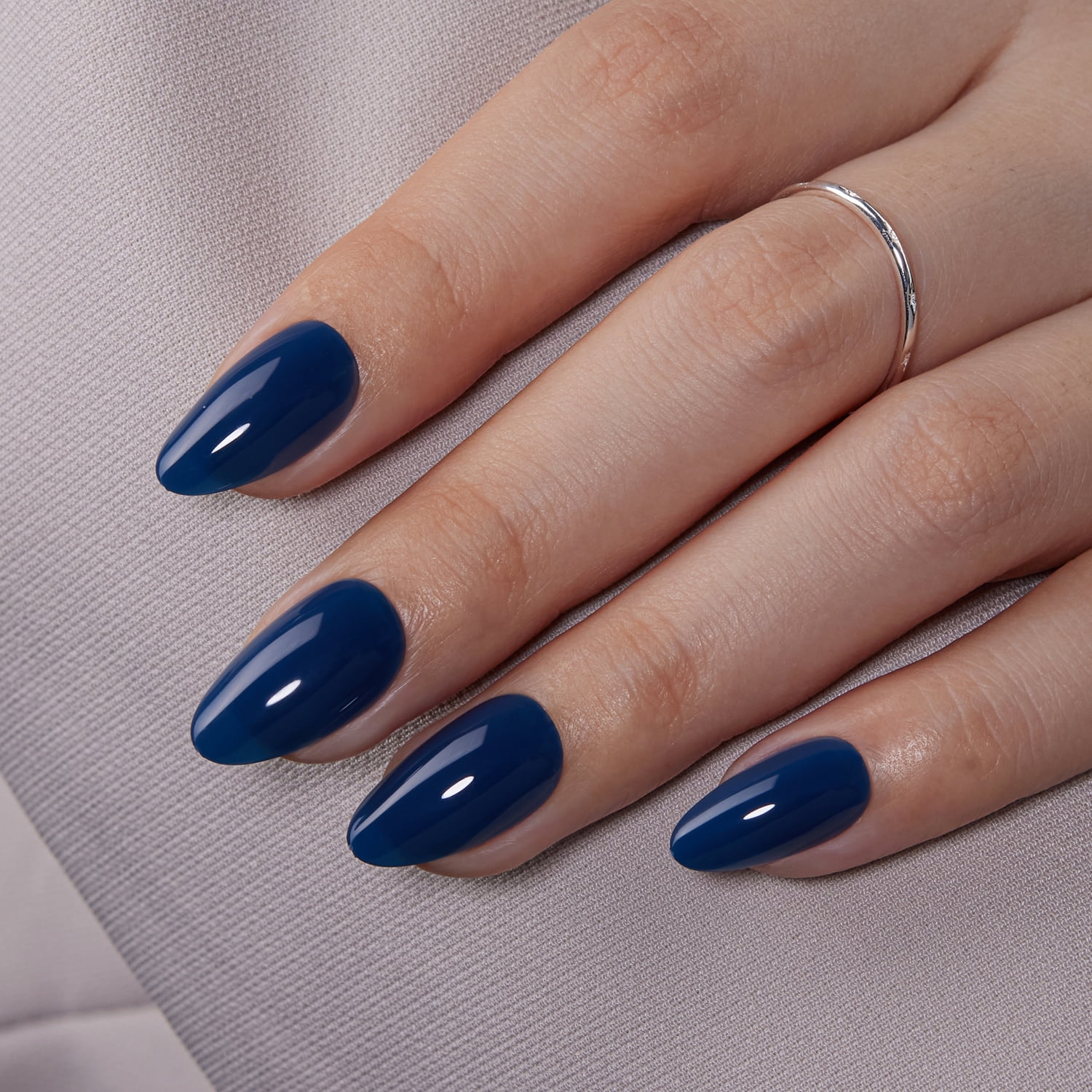 VSALON Press On Nails Short Almond - 42 PCS Navy Blue Cream and White Semi-Transparent Fake Nails for Women，32 Main Nails in 16 Sizes & 10 Alternative Nails - Lamp Curable Glue on Nail with Tool Kit