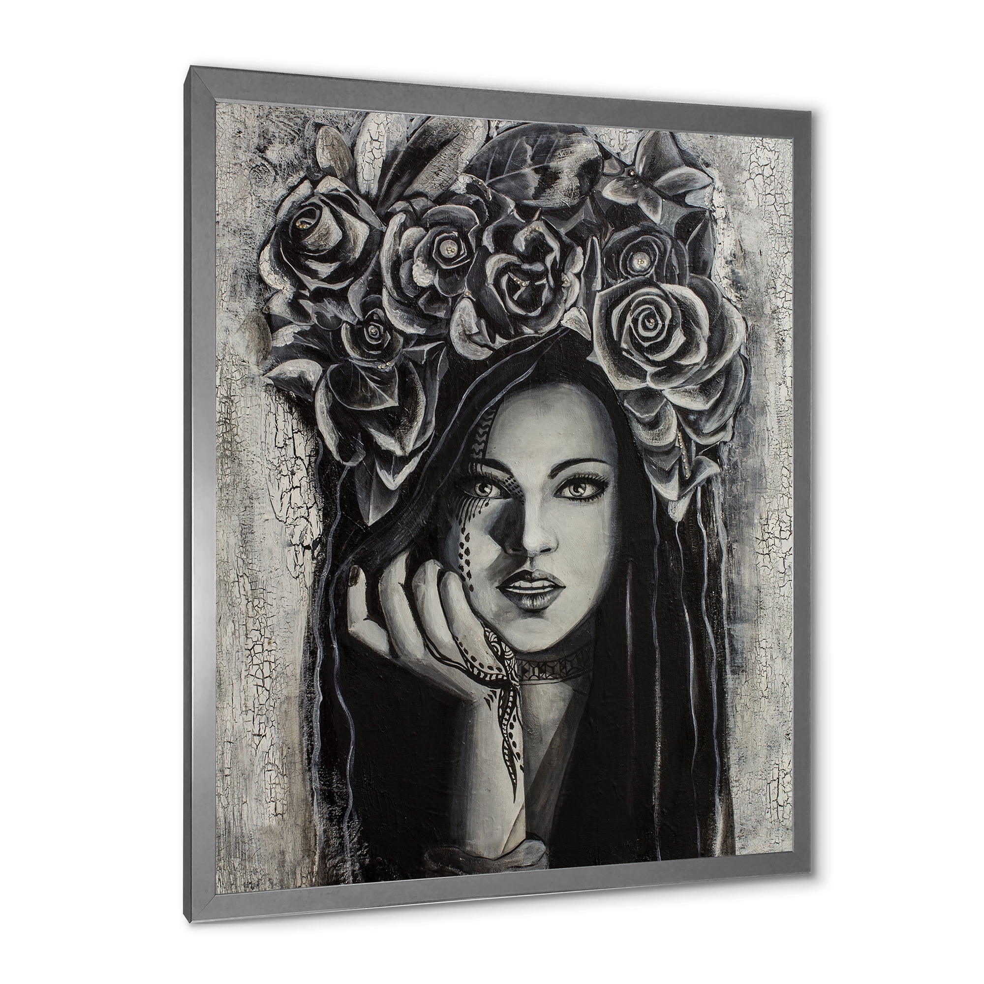 Designart 'Portrait Of A Young Woman With Flowers III' Modern Framed Art Print