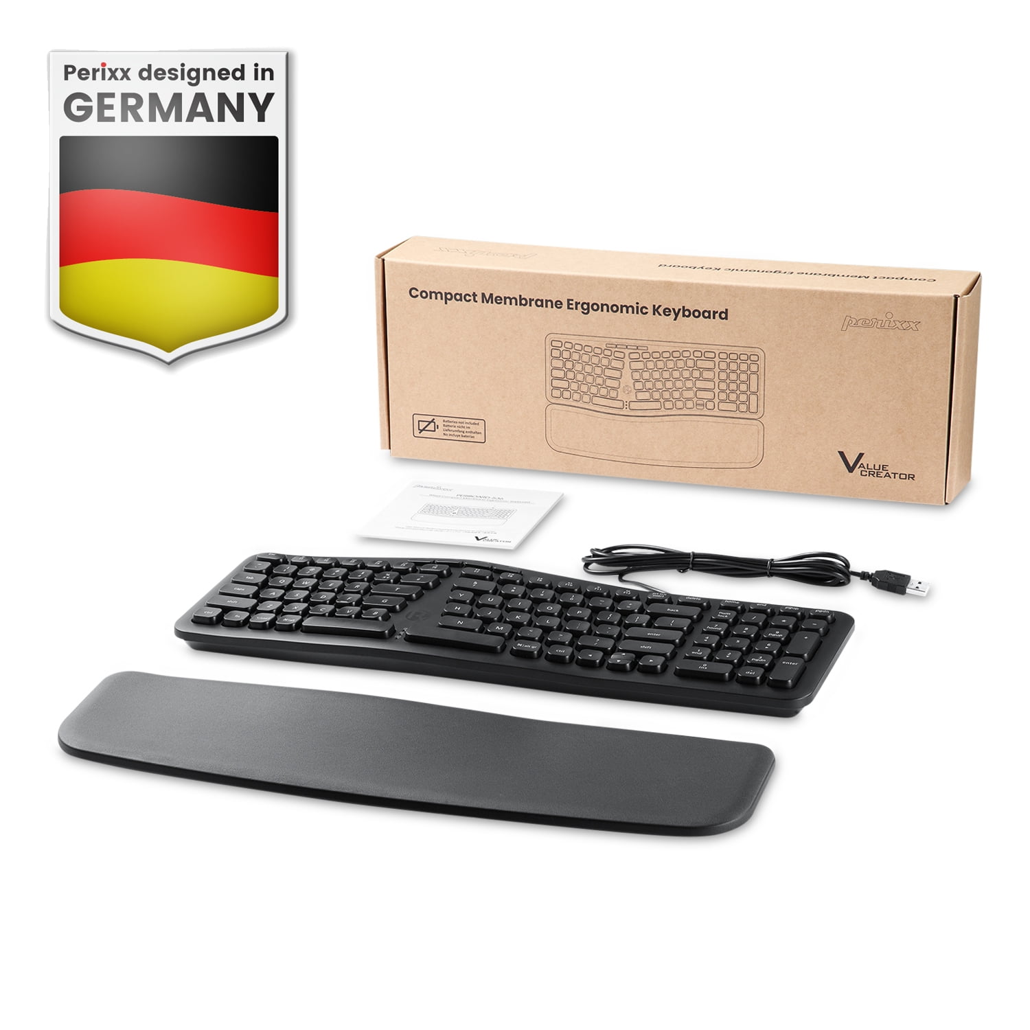 Perixx PERIBOARD-536B Ergonomic Compact Wired USB Keyboard, Built-in Number Pad, Detachable Wrist Rest, Silent Typing, 16.34x5.71x1.61 Inches, Black