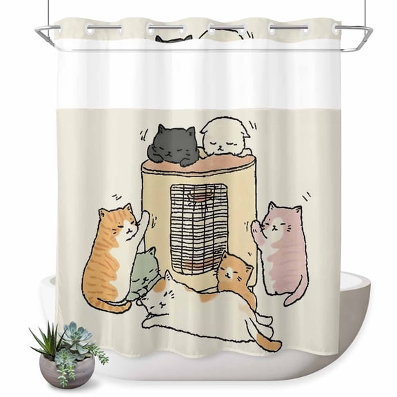 No Hook Shower Curtain, Beige Cute Cat Shower Curtains for Bathroom with See Through Top Window, Cartoon Funny Heater Cats Waterproof & Washable Bath Curtain Long 72"x78"